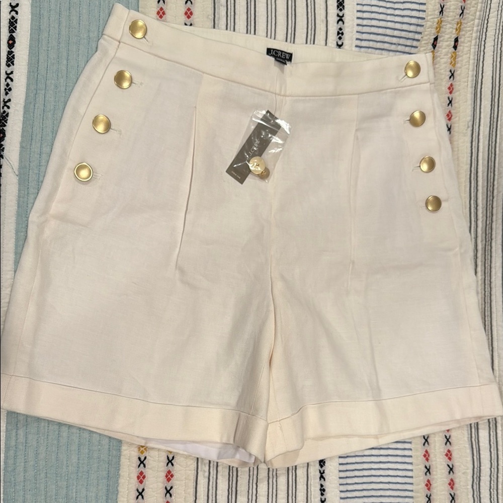 J. Crew High Waist Cream Shorts with Gold Accents